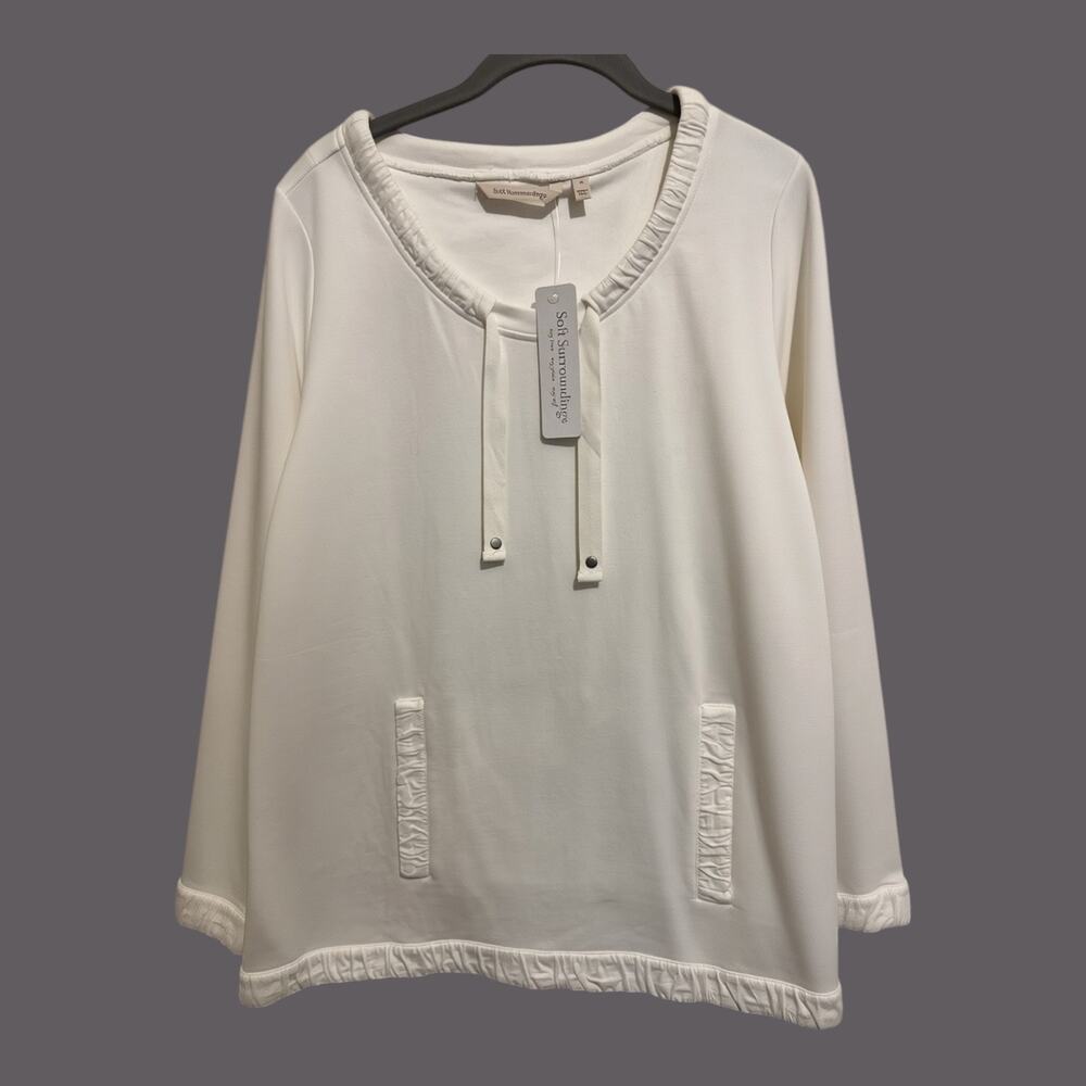 Soft Surroundings Womens White Sweatshirt Kangaroo Pocket Top Coastal Seaside M